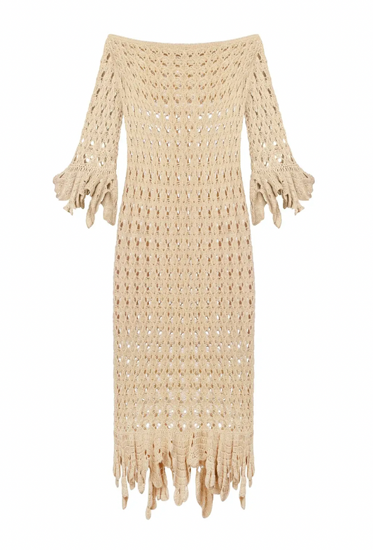 BEIGE CROCHET DRESS WITH HANDMADE RUFFLES