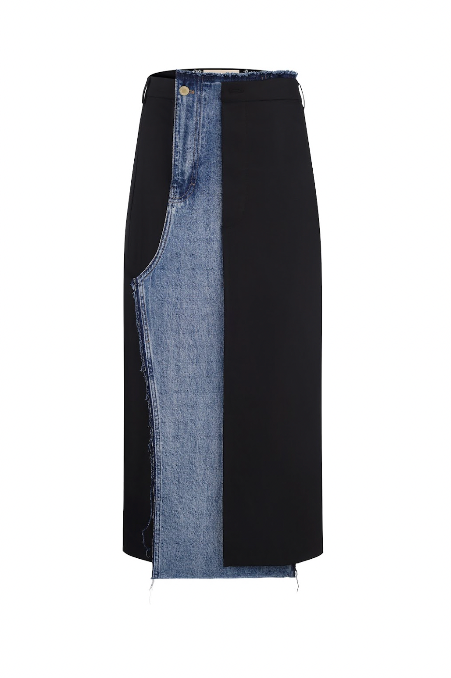 DECONSTRUCTED OFFSET-ZIP SKIRT WITH DENIM PANEL