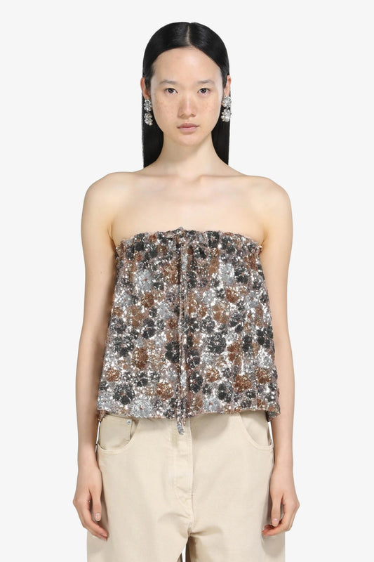 FLORAL-EMBELLISHED SEQUIN TOP