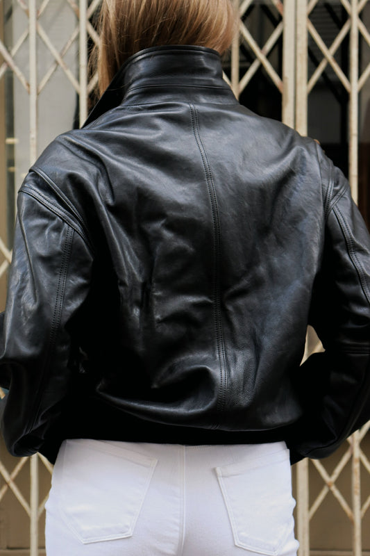 STAND COLLARED LEATHER BLOUSON BLK