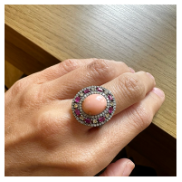 ROUND CUT CABOCHON RING SURRONDED BY RYUBY AND DIAMANDS