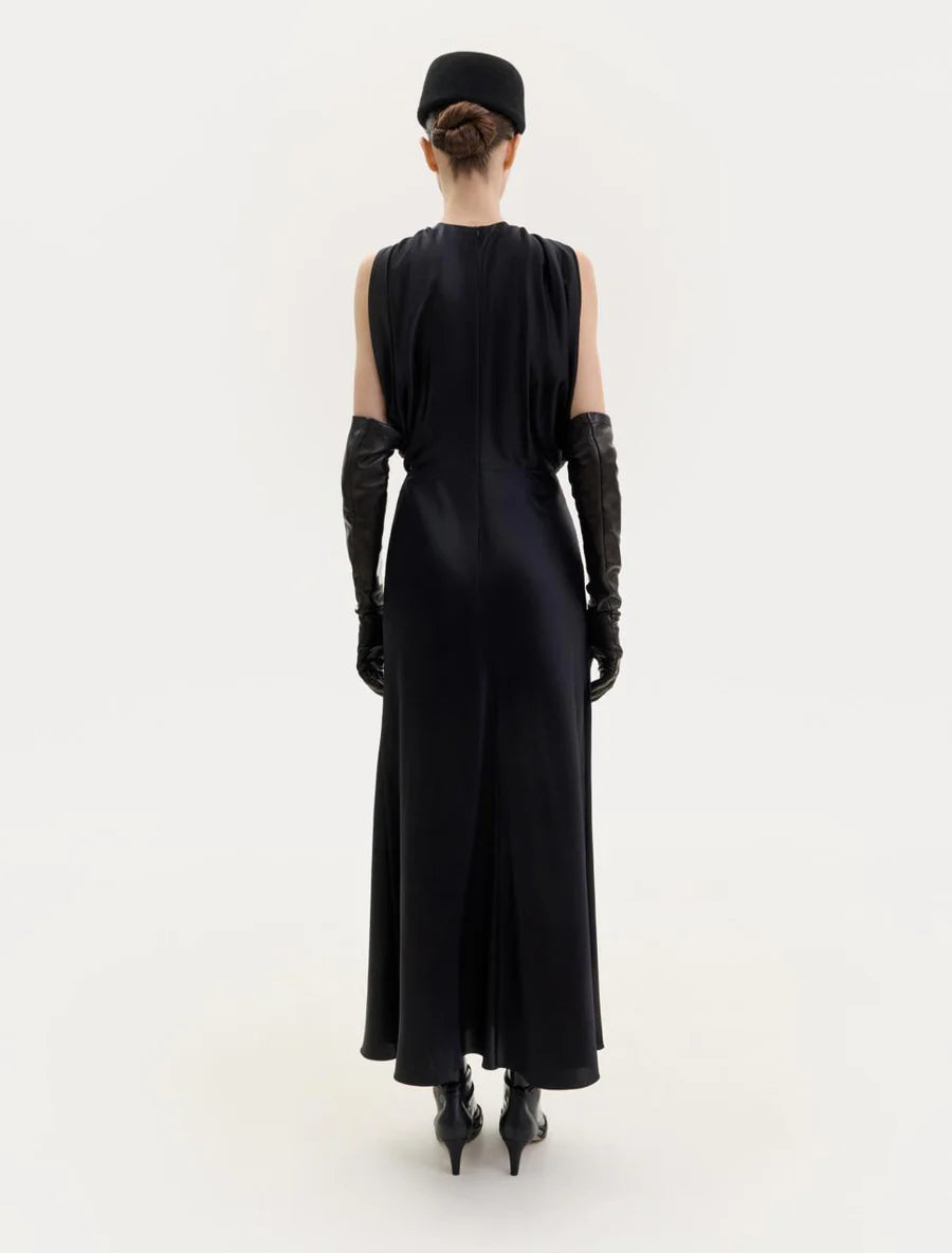 BLACK SILK DRESS WITH TWISTED DETAIL AT THE NECK