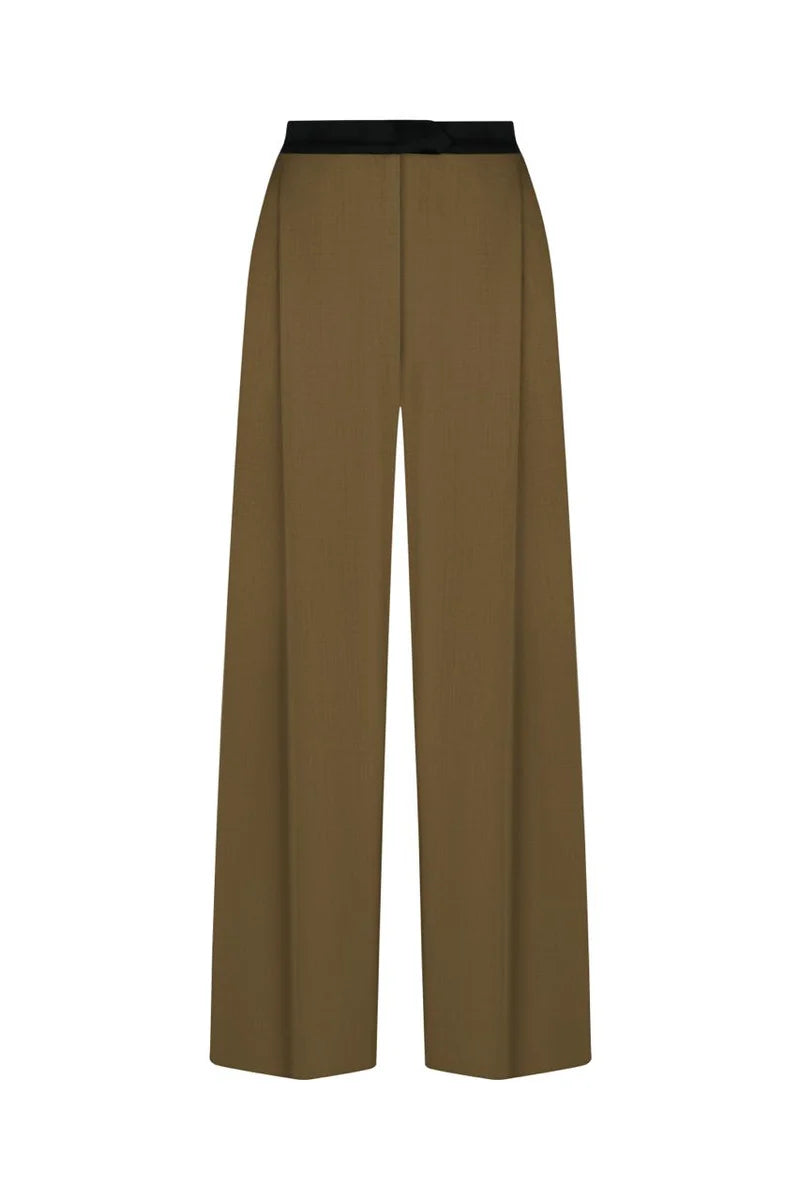 DARK OLIVE WIDE LEG TROUSERS WITH A BLACK BELT