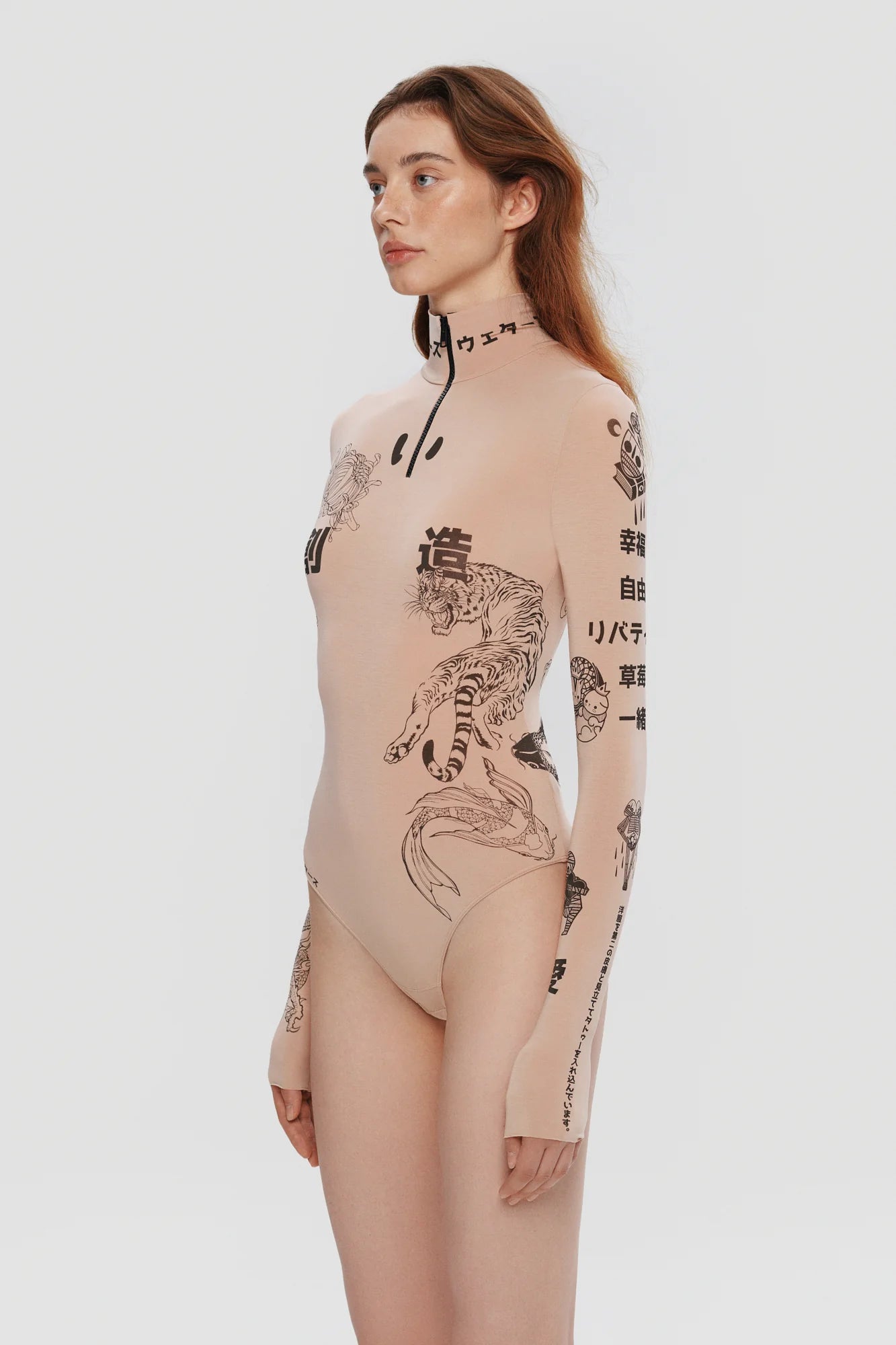 PRINTED BODYSUIT WITH ZIP DETAIL