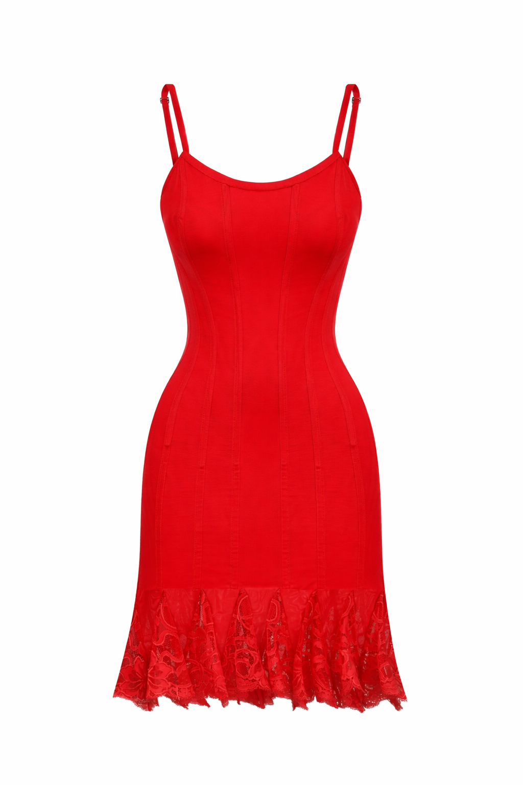 CORSET DRESS WITH LACE WEDGES RED
