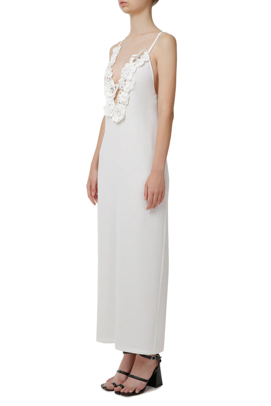 WHITE SLIP-DRESS WITH HAND-KNIT DETAILS