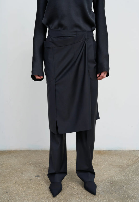 WOOL-BLEND PANTS WITH WRAP SKIRT OVERPLAY