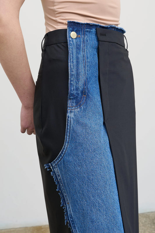 DECONSTRUCTED OFFSET-ZIP SKIRT WITH DENIM PANEL