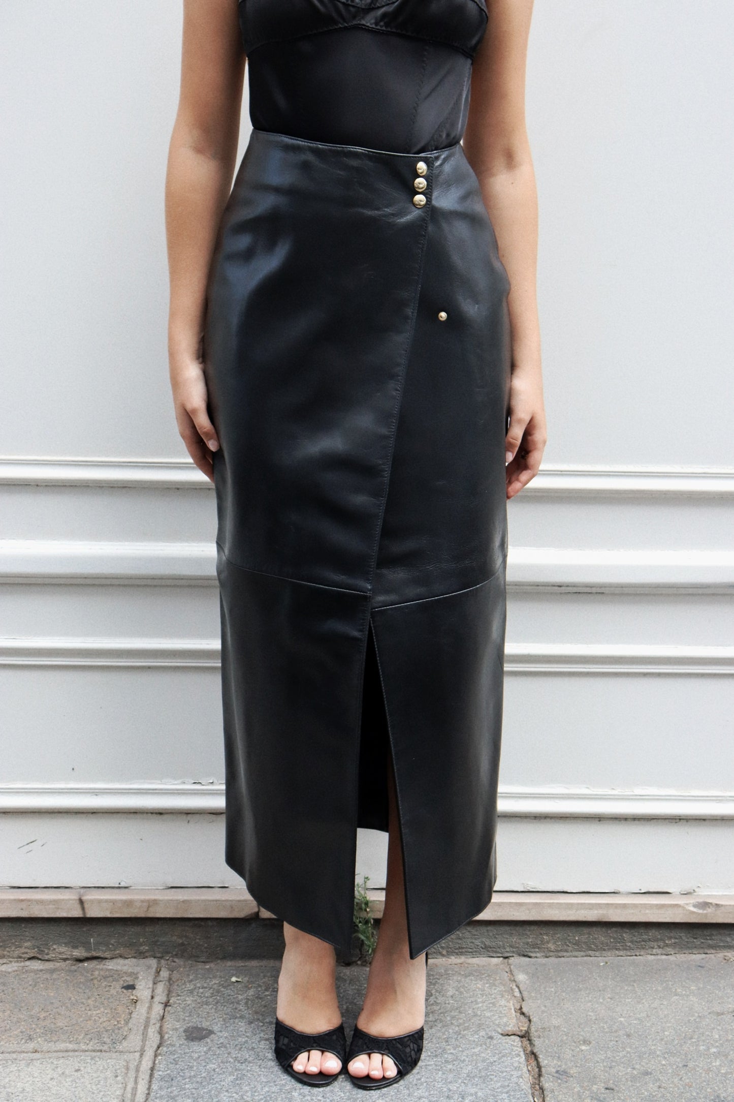 VINTAGE - KHAITE LEATHER LONG CULF SKIRT