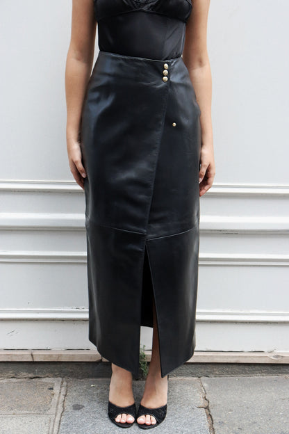 VINTAGE - KHAITE LEATHER LONG CULF SKIRT