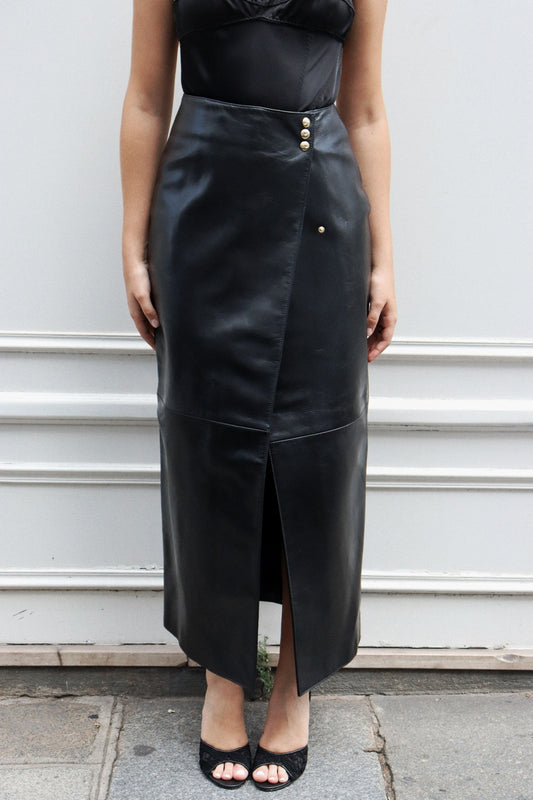VINTAGE - KHAITE LEATHER LONG CULF SKIRT