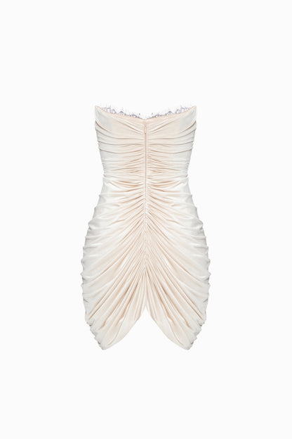 BEIGE ANGLED MINI DRESS WITH A CUT