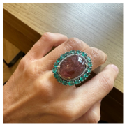 OVAL PINT TOURMALINE CABOCHON RING WITH DIMANDS AND EMERALDS