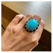 OVAL TORQUOSE CABOCHON RING WITH DIAMDN AND BLACK ONYX