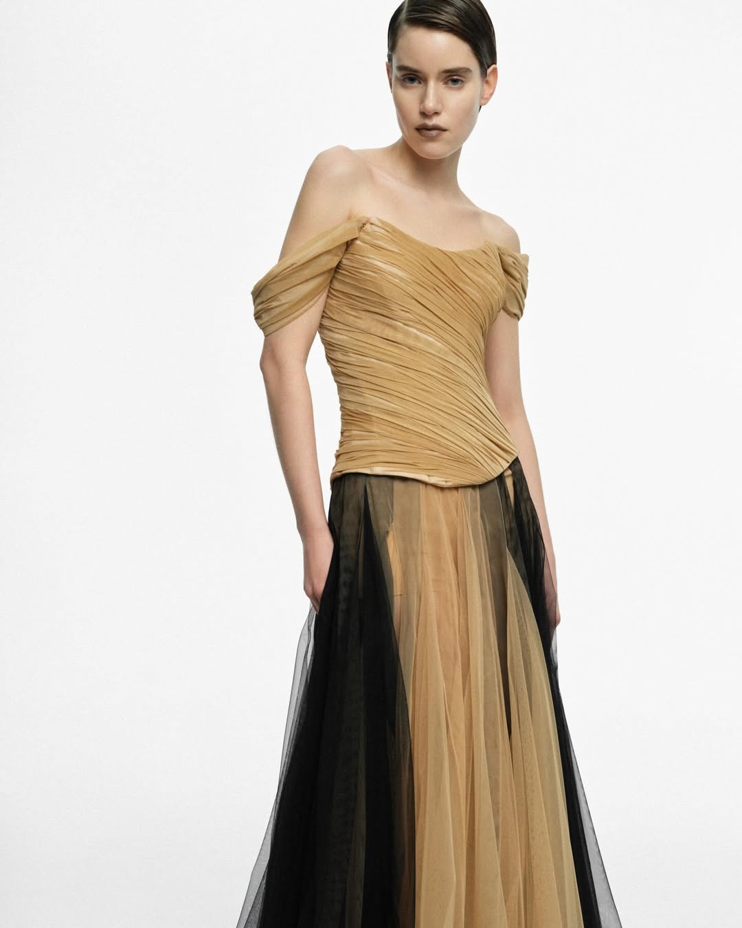 DRAPED CORSET WITH STRAPS CARAMEL