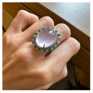 OVAL ROSE-QUARTZ CABOCHOT WITH DIAMONDS AND EMERALDS