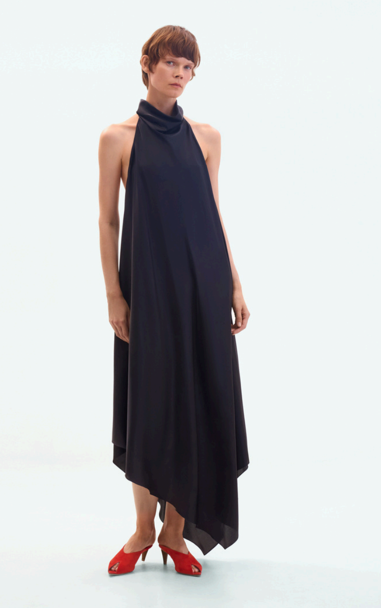 BLACK SILK BACKLESS MIDI DRESS