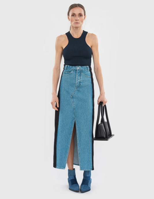 DENIM MAXI SKIRT WITH CONTRAST SIDE LINES