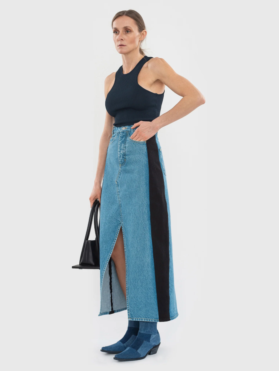 DENIM MAXI SKIRT WITH CONTRAST SIDE LINES