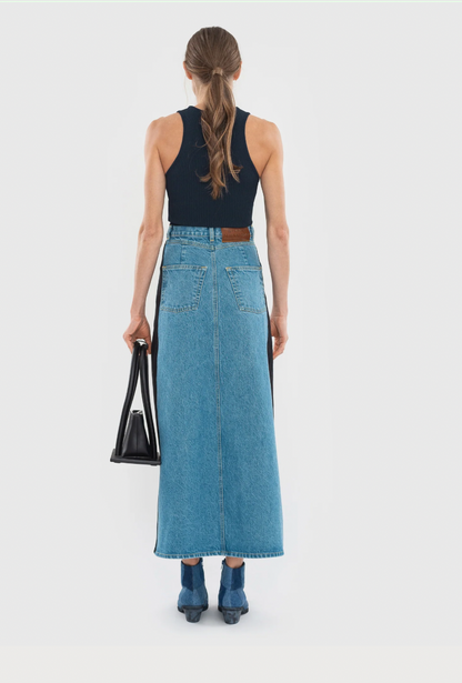 DENIM MAXI SKIRT WITH CONTRAST SIDE LINES