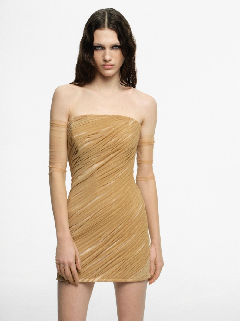 DRAPED CORSET DRESS CARAMEL