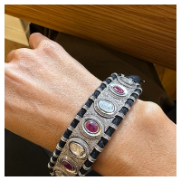 BLACK CORD BRACELET WITH COLORED CABOCHONS AND DIAMONDS