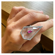 GEOMETRIC CLEAR-CRYSTAL RIGN WITH PEAR-CUT RUBY AND DIAMONDS