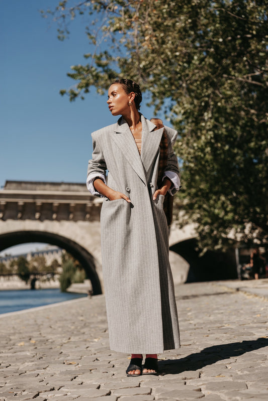 GREY FITTED PINSTRIPE WOOL MIDI DRESS-JACKET