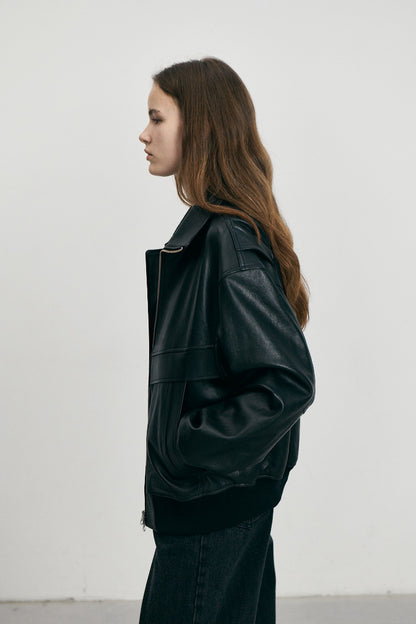 STAND COLLARED LEATHER BLOUSON BLK