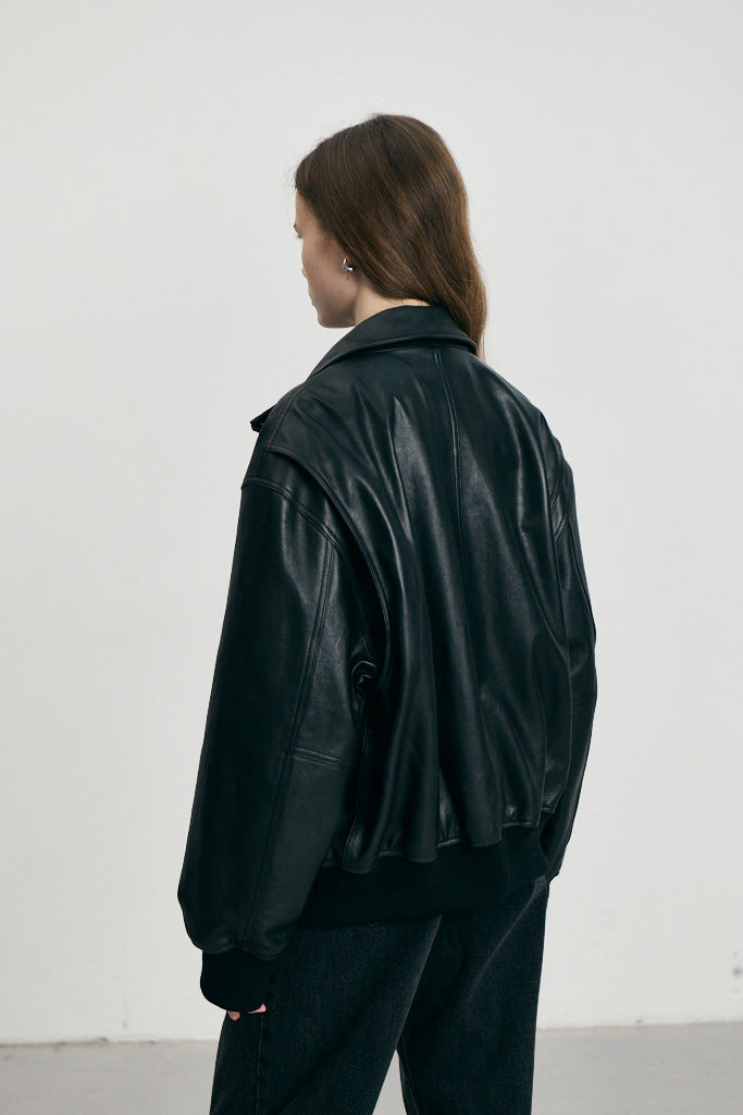 STAND COLLARED LEATHER BLOUSON BLK