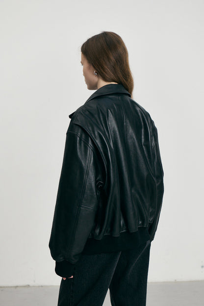 STAND COLLARED LEATHER BLOUSON BLK