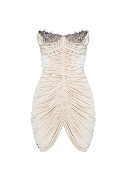 BEIGE ANGLED MINI DRESS WITH A CUT