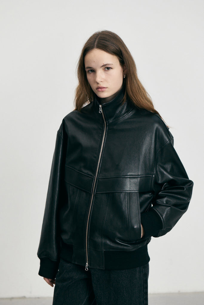 STAND COLLARED LEATHER BLOUSON BLK