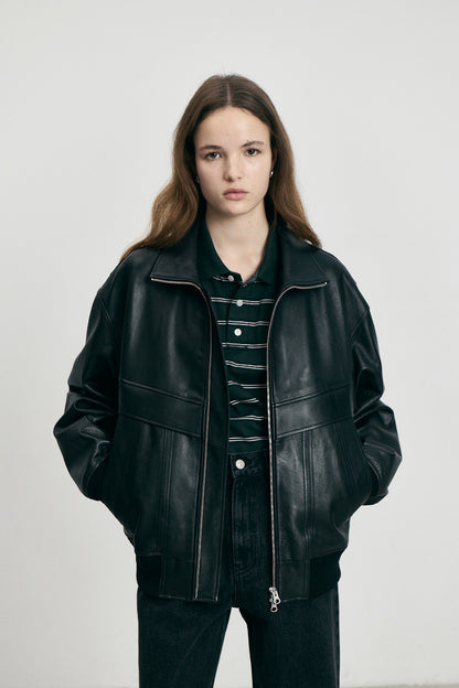 STAND COLLARED LEATHER BLOUSON BLK