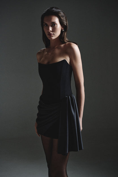 MATTE CORSET MINI DRESS WITH REMOVABLE TRAIL