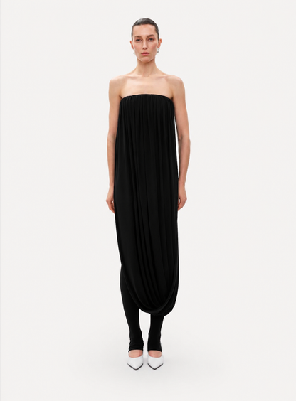 BLACK JERSEY CORSET WITH DRAPED MIDI-LENGTH PANEL