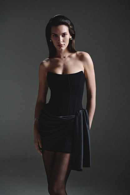 MATTE CORSET MINI DRESS WITH REMOVABLE TRAIL