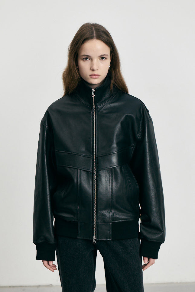 STAND COLLARED LEATHER BLOUSON BLK