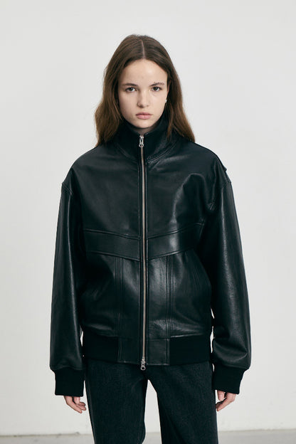 STAND COLLARED LEATHER BLOUSON BLK