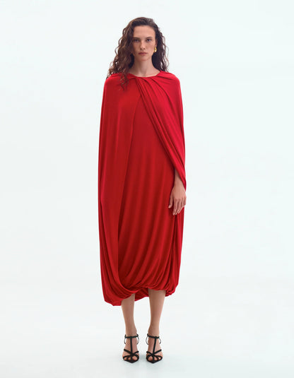 RED JERSEY CAPE DRESS