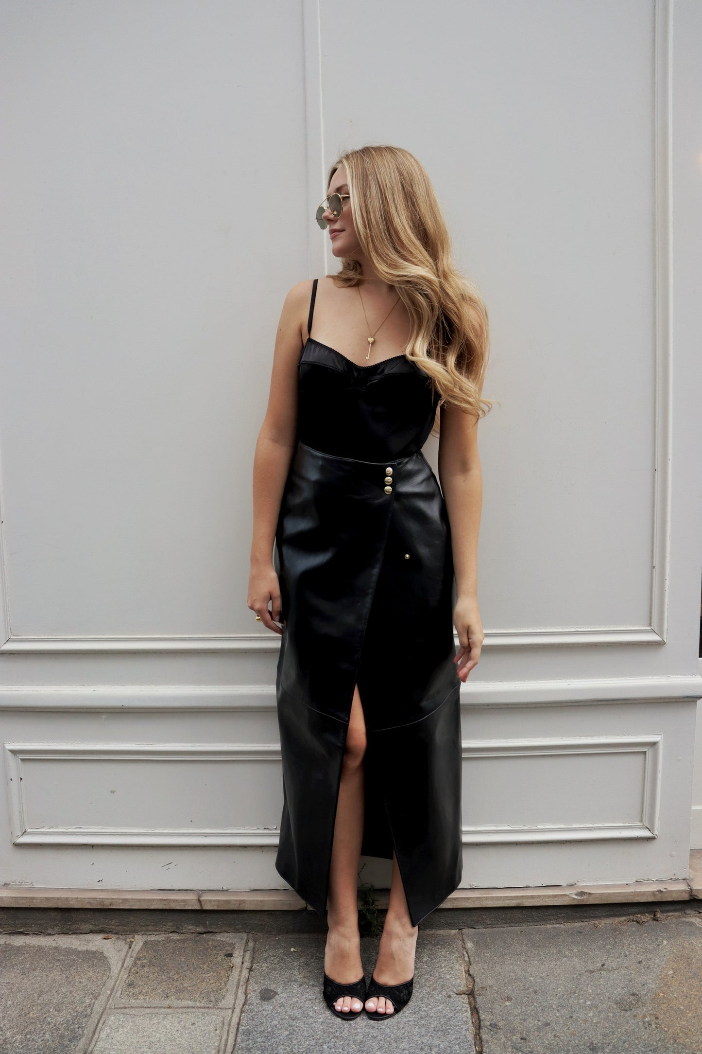 VINTAGE - KHAITE LEATHER LONG CULF SKIRT