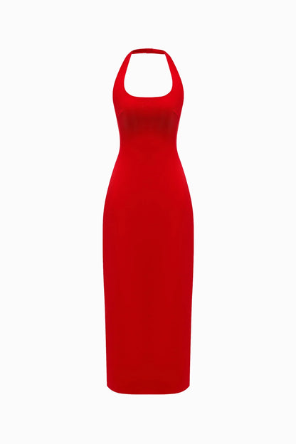 HALTERNECK MATT SILK MIDI DRESS RED