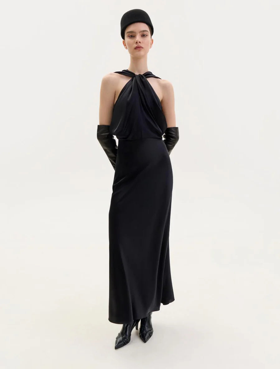 BLACK SILK DRESS WITH TWISTED DETAIL AT THE NECK