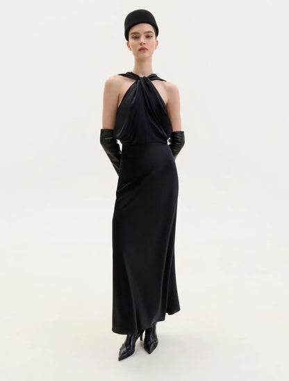 BLACK SILK DRESS WITH TWISTED DETAIL AT THE NECK