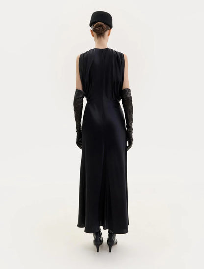 BLACK SILK DRESS WITH TWISTED DETAIL AT THE NECK
