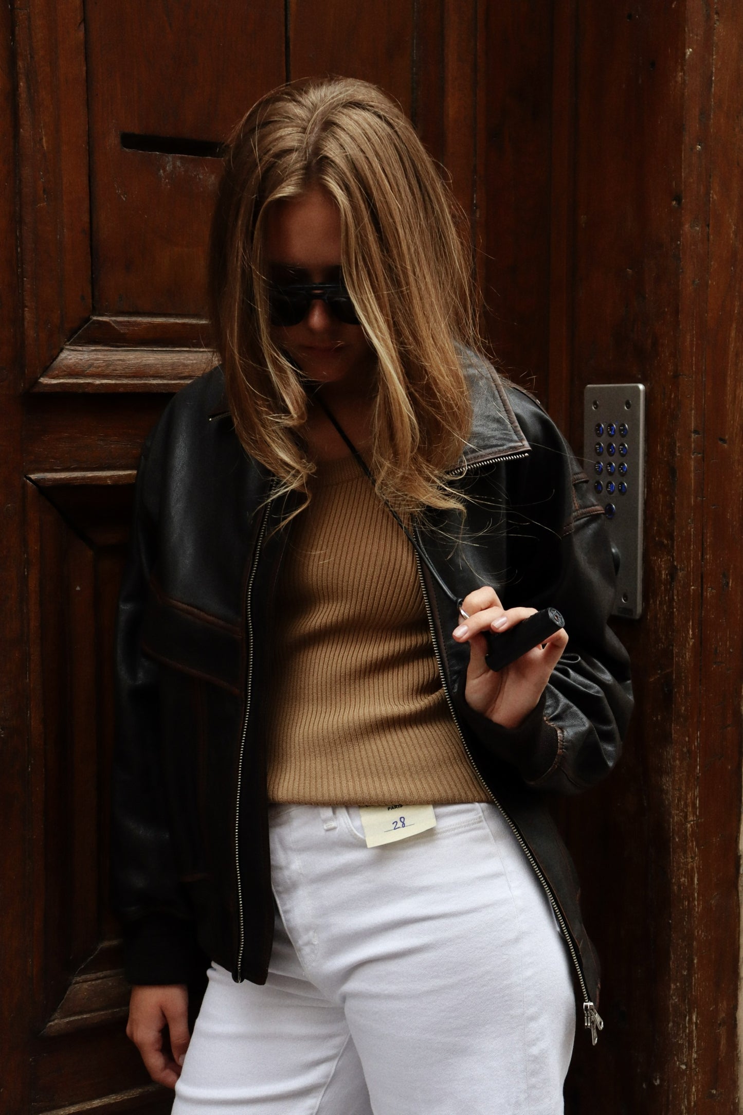 STAND COLLARED LEATHER BLOUSON BRWN