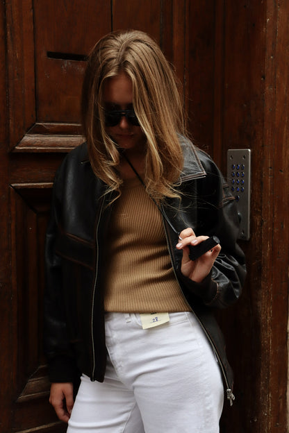 STAND COLLARED LEATHER BLOUSON BRWN
