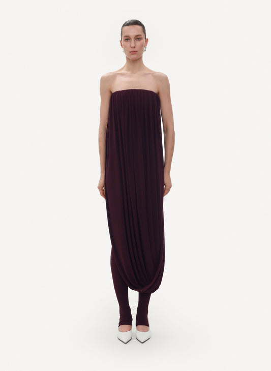 BURGUNDY JERSEY CORSET WITH DRAPED MIDI-LENGTH PANEL