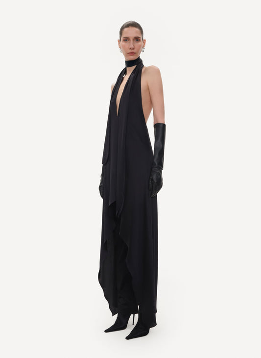 BLACK SILK ASYMMETRIC MINI DRESS WITH OPEN BACK