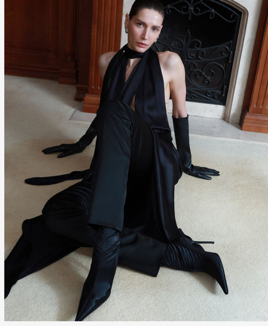 BLACK SILK ASYMMETRIC MINI DRESS WITH OPEN BACK